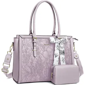 MOSISO Laptop Bag for Women, 15.6-16 inch PU Leather Tote Bag Compatible with MacBook, HP, Dell, Asus Notebook, Front Embossed Retro Hibiscus Computer Bags with Silk Scarf&Clutch Purse, Dusty Lilac