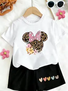 Girls' Two-Piece Set Leopard Print Minnie T-Shirt & Heart Shorts, Soft Breathable Fabric, Casual Fitted Short
