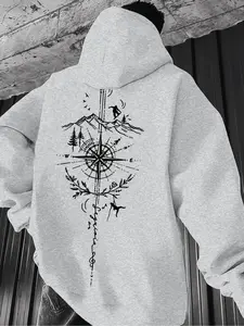 Men's Casual Solid Color Hoodie, Drawstring Pocket Long Sleeve Pullover, Geometric Print, Fitted Style, Fall & Winter Streetwear