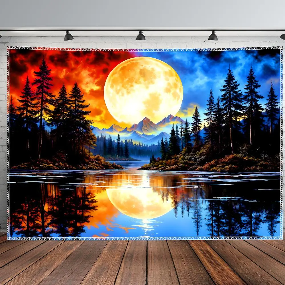 A Large-Sized Tapestry Featuring a Serene And Dreamy Landscape of a Moonlit Forest, Lake, And Mountains, Printed with Polyester Aesthetics. Perfect for Decorating Living Rooms, Bedrooms, Offices, And Family Rooms for Parties Gift Wall Hanging, Forest Land