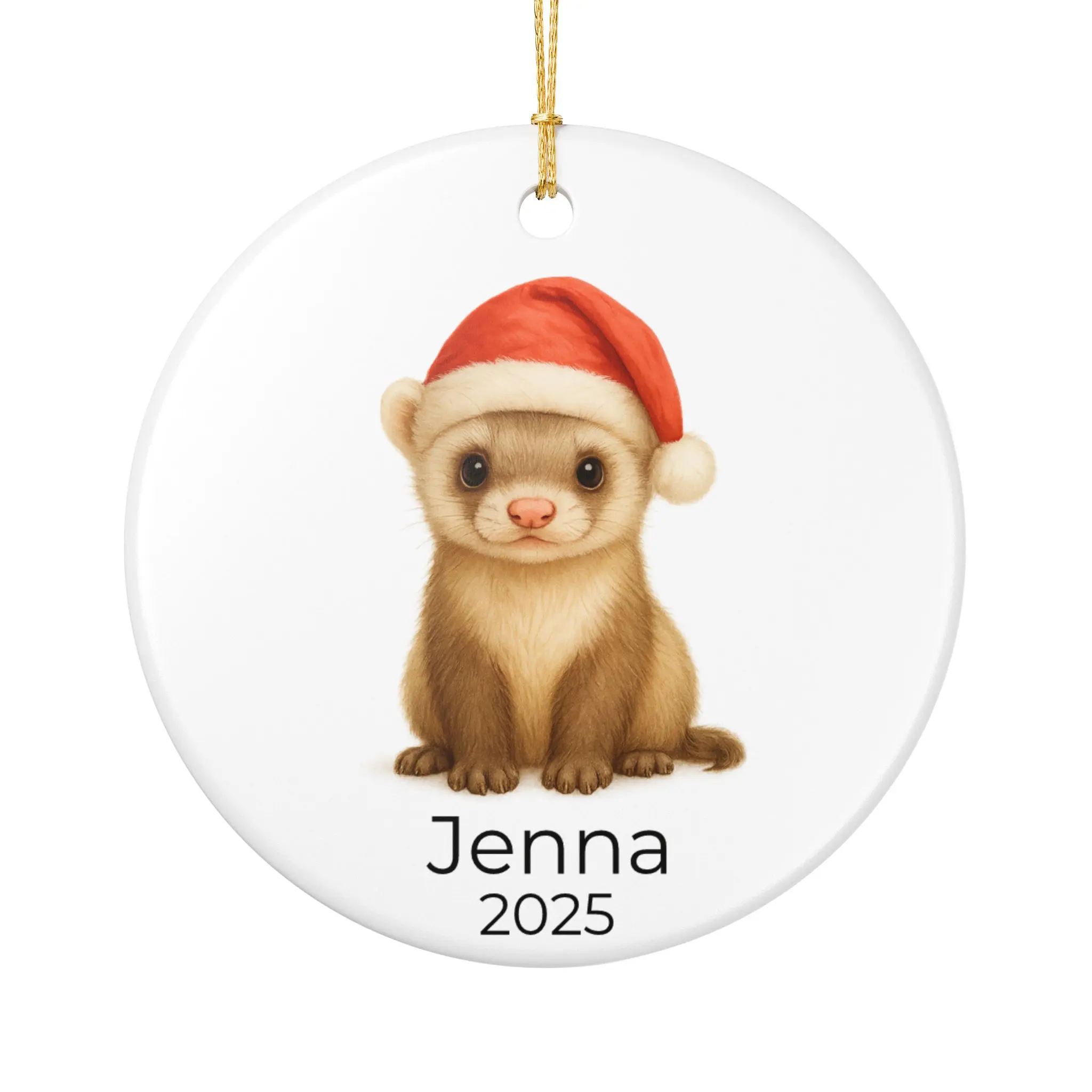 Personalized Baby Ferret Christmas Ornament - Cute Watercolor Pet with Santa Hat - Holiday Gift for Ferret Lovers & Families