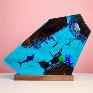 Shark Resin Lamp Handcrafted Ocean Night Light with Wooden Base 3D Shark Decor Coastal Home Office Accent Unique Ocean-Themed Gift for Sea Lovers Birthday Valentine’s Gifts for Him Her