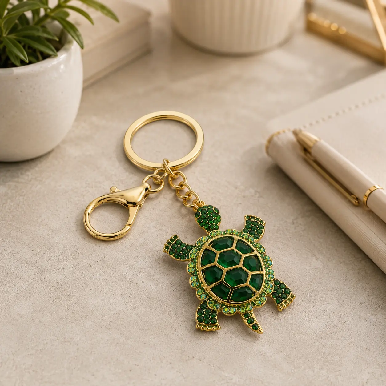 Turtle-Shape Lightweight Crystal-Accent Clip-On Metal Keychain, Fashion Key Accessories for Daily Use & Gifting