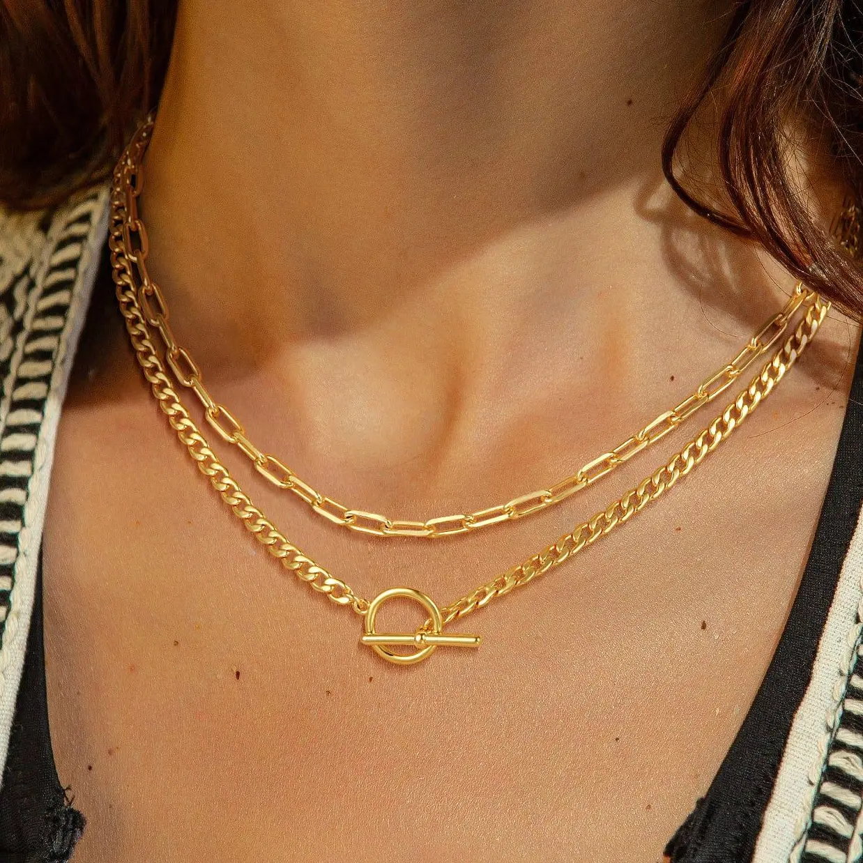 FREEKISS 2-Layered Necklaces for Women, Dainty Gold Chain Necklace Women Trendy Cuban Link Paperclip Chain Toggle Clasp Necklace Fashion Chunky Jewelry for Women Daily Wear For Valentine's Day gifts summerwins homeessentials