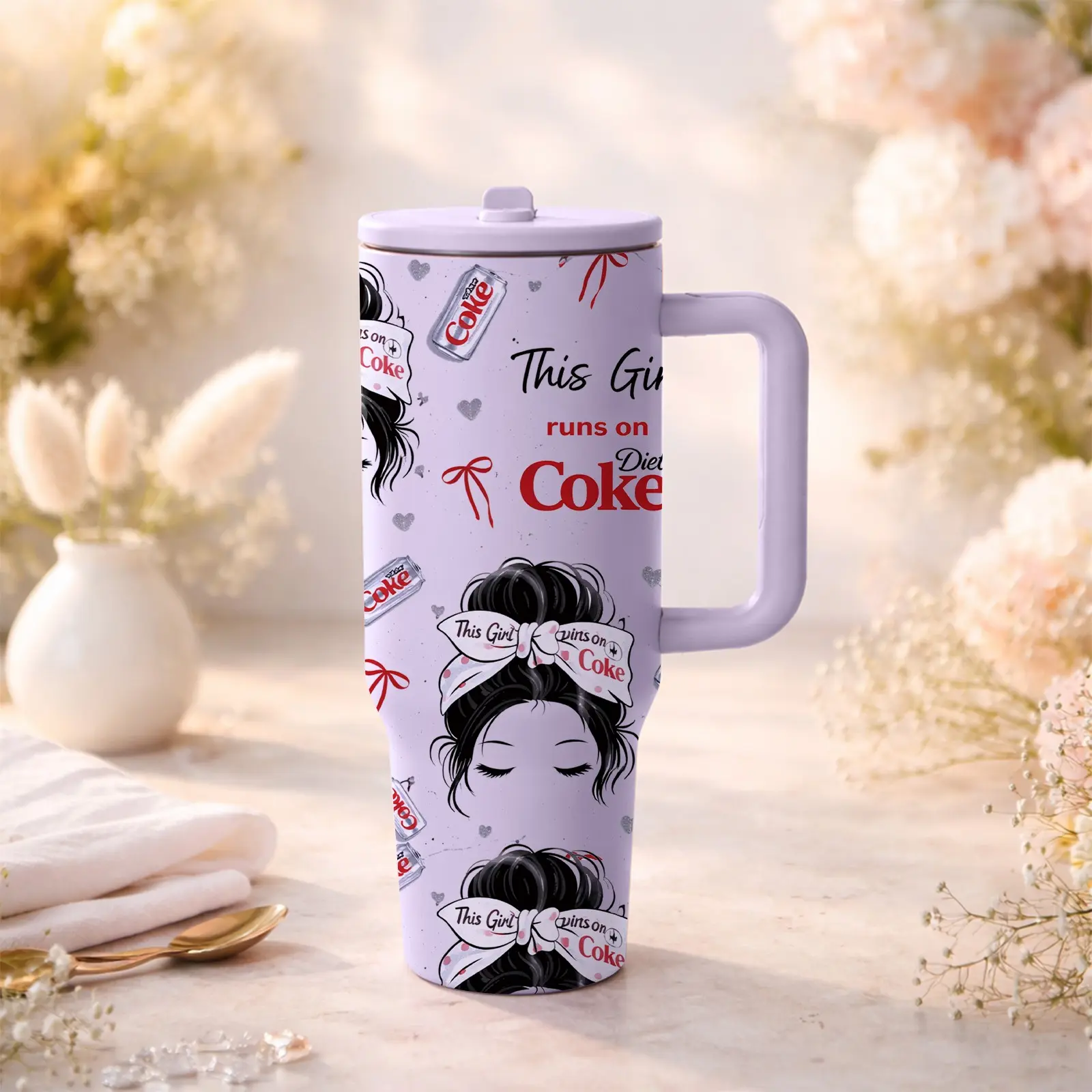 mikenda 40oz Leakproof Tumbler This Girl Runs on Vibes and Soda, Super Cute Aesthetic Cup with Handle and Straw, Drinkware, Leak Proof Flask, Insulated Water Bottles, Big Capacity for All Day Hydration, Perfect Funny Gift for Besties.