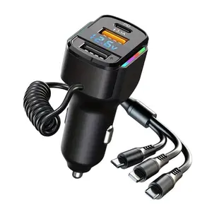 3-In-1 Car Charger with Retractable Design, USB 3.1 Dual Type-C Ports, PD Fast Charging, Voltage Detection, Ideal for Cars and Travel