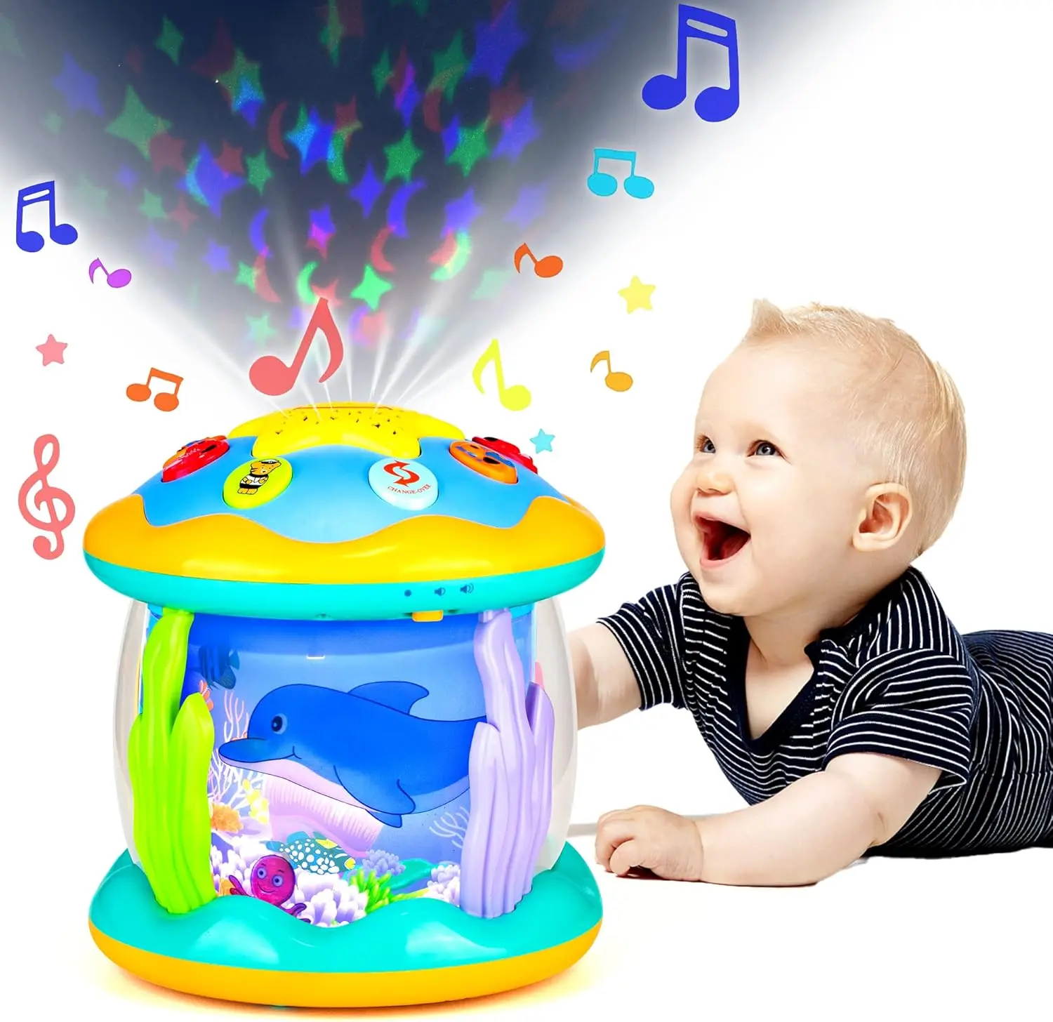 Summer Spring Gift Baby Toys 6 to 12 Months Musical Light Up Tummy Time Infant Toys 3-6 7 8 9 12-18 Months Crawling Ocean Rotating Projector Baby Gifts for 1 2 3 Year Old Boy Girl Birthday Toddlers Kids