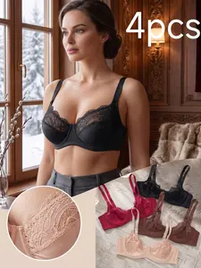 4-Pack Sexy Lace Bra Set, Underwire Thin Cup Bras, Floral Contrast Lace, Medium Support, Comfortable for All Seasons, Daily Wear