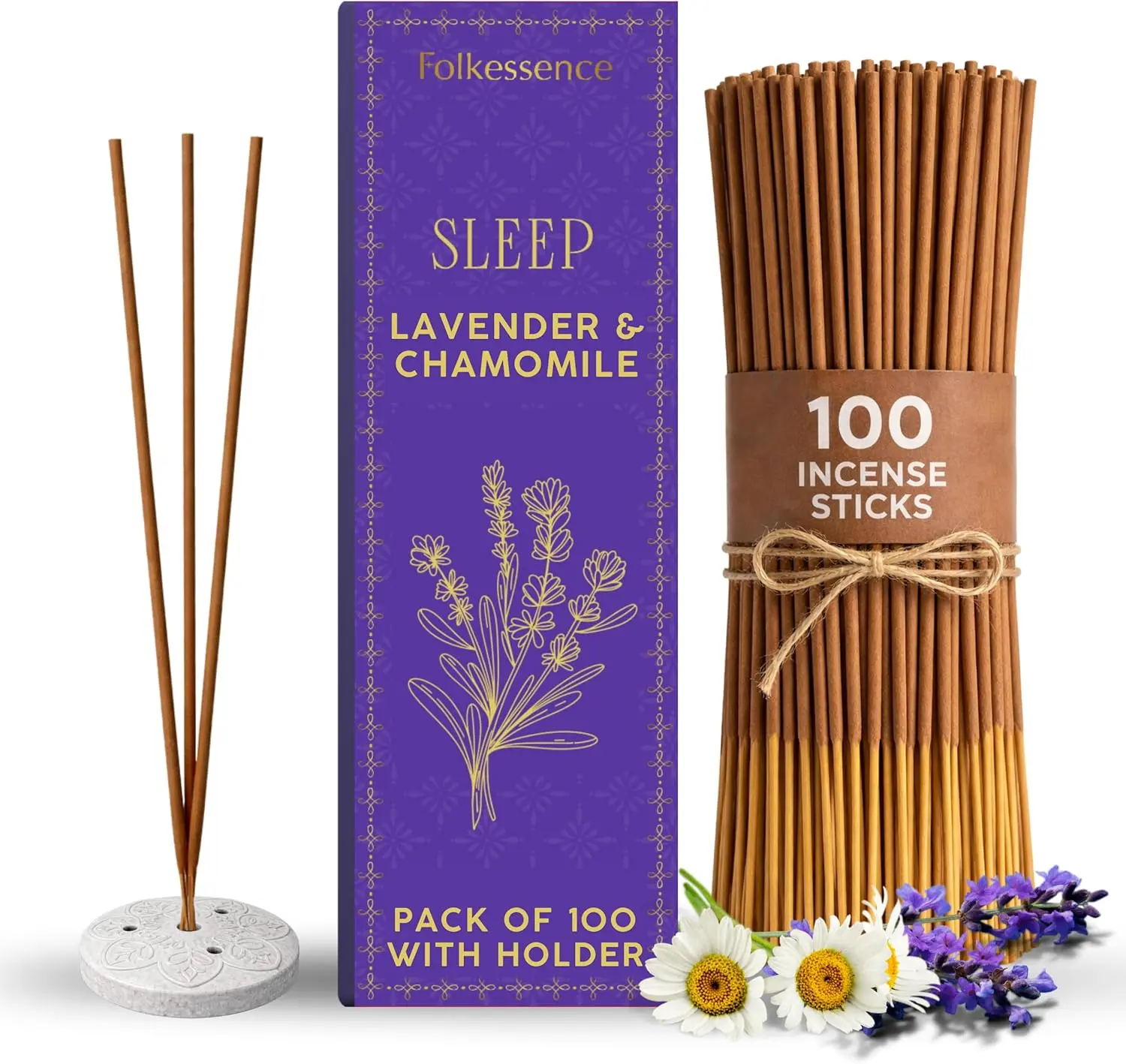 Folkulture Organic Lavender & Chamomile Incense Sticks with Holder (100 Sticks) - 45 Mins Long Burning, Non-Toxic, No Charcoal for Aromatherapy, Deep Sleep, Stress Relief