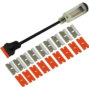 12" Long Reach Extension Scraper with 10PCS Double Edged Plastic Razor Scraper Blades and 10PCS Carbon Steel Razor Scraper Blades for auto sticker remove window glass table floor glue