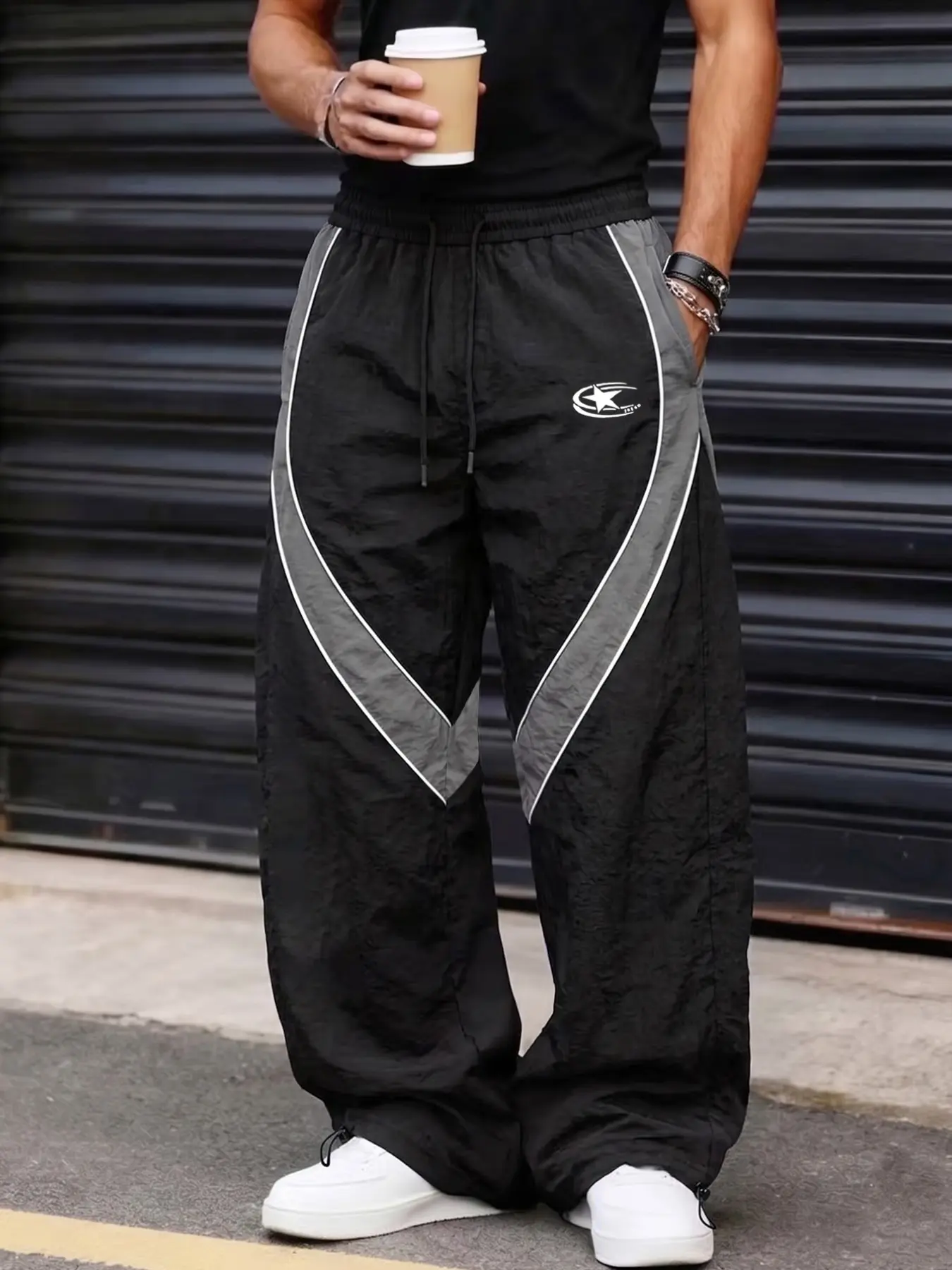 Men's Fashion Letter Print Pants, Taslon Fabric, Colorblock Stripes, Casual Athletic Sport Long Pants, Ideal for Daily Wear, Outdoor Hiking