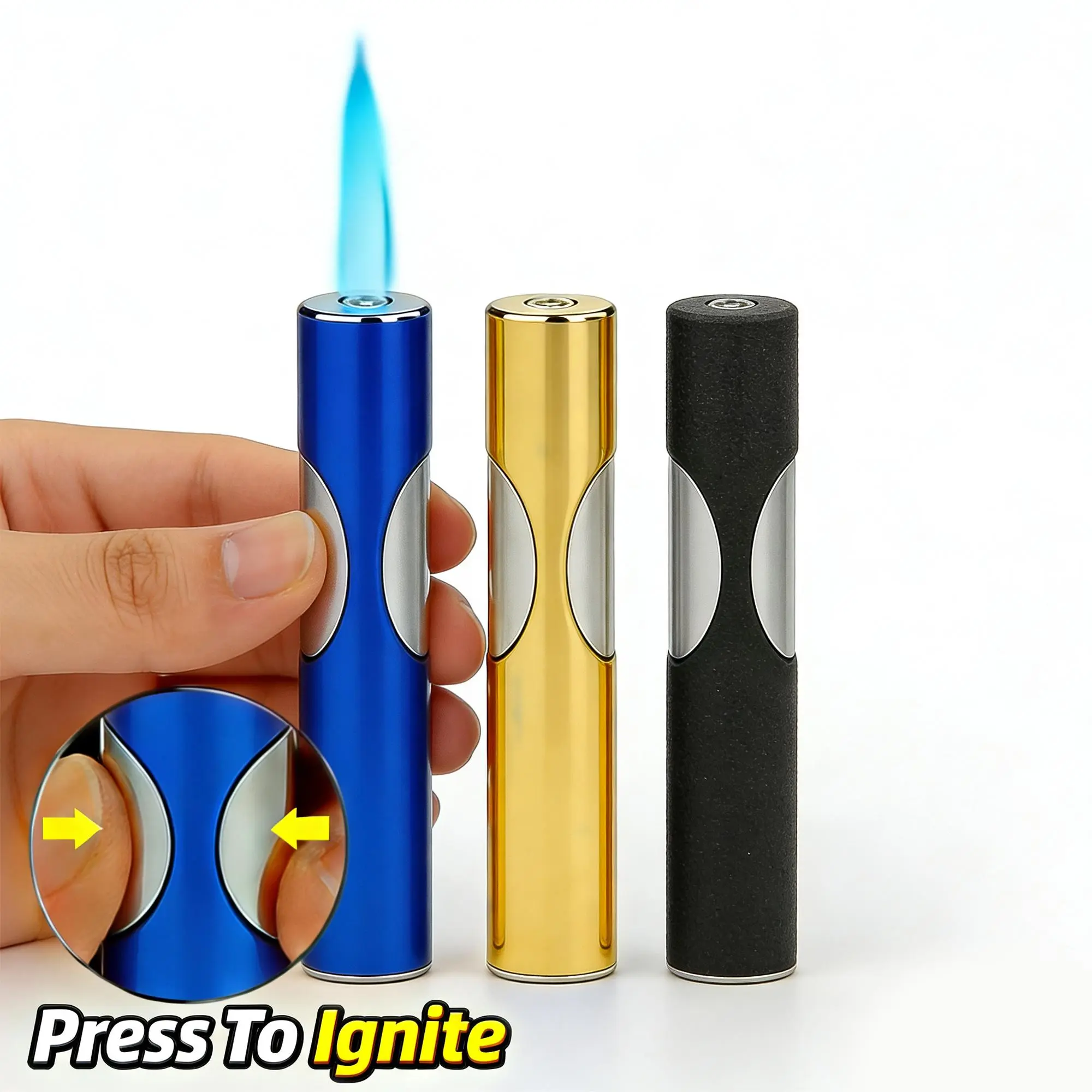 Refillable Butane Torch Lighter - Button Ignition, Adjustable Blue Flame, Portable for Camping, Hiking, Light Outdoor Use (Butane Not Included) - Car Interior Accessory Decoration
