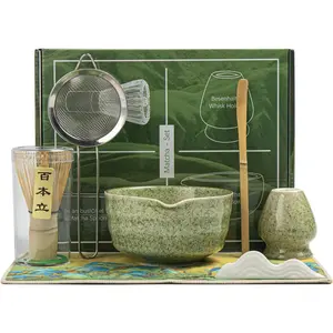 7-Piece Kitchen Tea-Making Kit, Matcha Whisk Set with Bowl, Whisk Holder, Sifter, Scoop, Spoon Holder, Tea Towel for Traditional Ceremonies