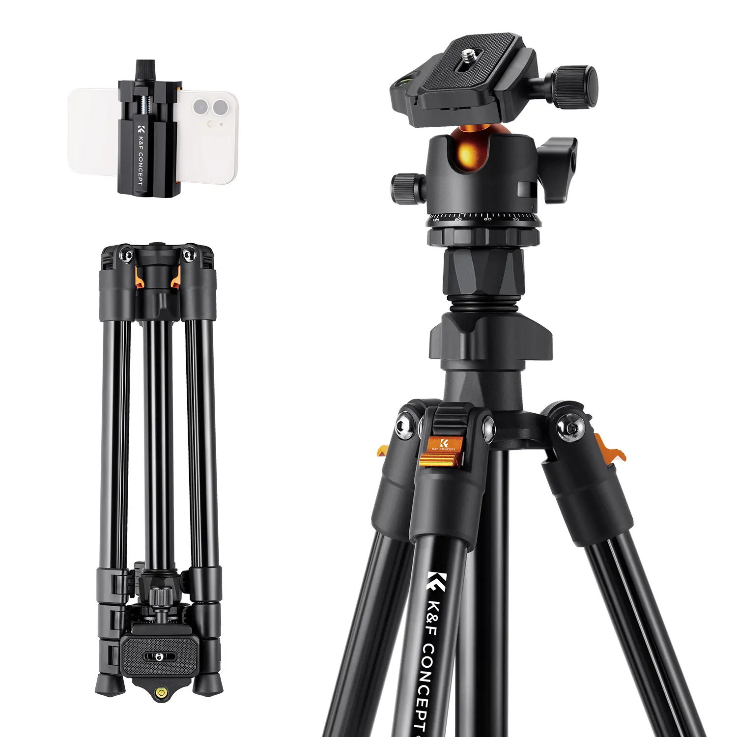 K&F Concept 64in/163cm Adjustable Camera Tripod with 360-Degree Ballhead, Lightweight and Portable Compact Design, 8kg/17.6lbs Load Capacity, Universal Cellphone Clip, Deskmount for Outdoor Travel Vlog (O234A1+BH-36) Camera Accessories