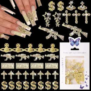 42PCS 3D Dollar Nail Charms Gold Guns Cross Nail Gems Metal Star Planet Nail Art Charms with Rhinestone Glitter Luxury Nail Decoration Supplies for Women Manicure Design 3