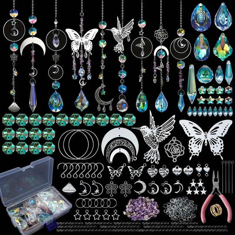 DIY Dreamcatcher, 400-Piece Sun Catcher Making Kit, Adult Crystal Craft Material Pack, Pendant Prism Crystal Rainbow Maker, Indoor Window Home Wedding Garden Decorative Decoration, Moon, Dragonfly Decoration Windchimes