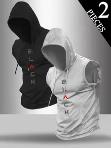 Men's 2-Pack Letter Pattern Print Hooded Sleeveless T-Shirt, Casual Comfortable Hoodie Vest, Summer Outdoor Fitness Wear, Casual Sportswear, Gym Workout Clothes