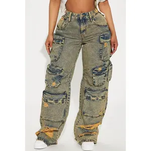 Nikki Non Stretch Acid Wash Cargo Jeans - Vintage Wash W