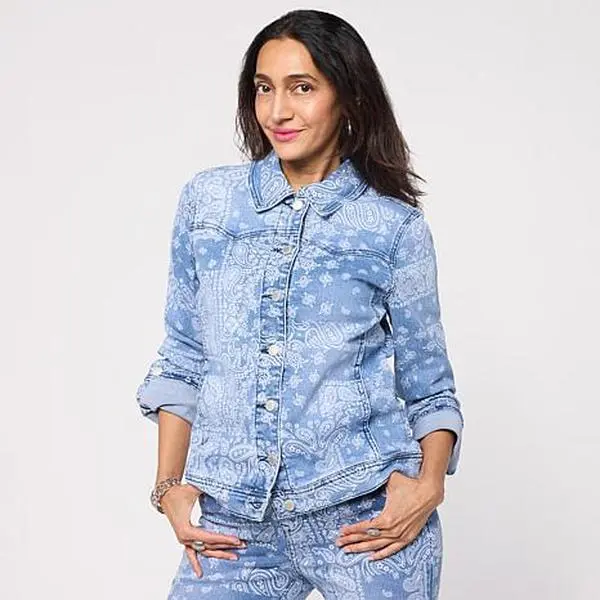 DG2 by Diane Gilman Classic Stretch Scarf Print Denim Jacket
