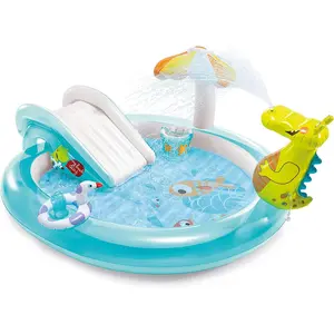Outdoor Inflatable Kiddie Pool Water Play Swim Center 6.6' x 5.6' x 4" with Slide Padded Landing Mat Sprinklers Bucket Floatie and Garden Hose for Kids Ages 2 and Up Durable PVC 42 Gallons