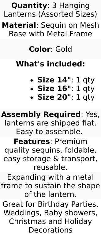 Set of 3 Glitter Gold Sequin Fabric Hanging Lanterns, Large Decorative Round Foldable Chinese Lantern Lampshades - 14",16",20"