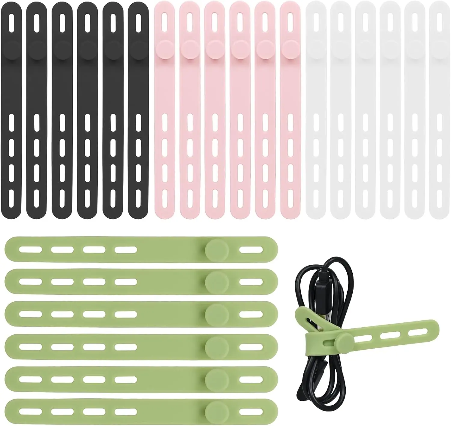 24Pcs Silicone Cable Ties - Reusable & Washable with Locking Buckle Design, Adjustable Fastening Cable Straps, Multi-Purpose High Elasticity Cord Organizer (4 Colors)