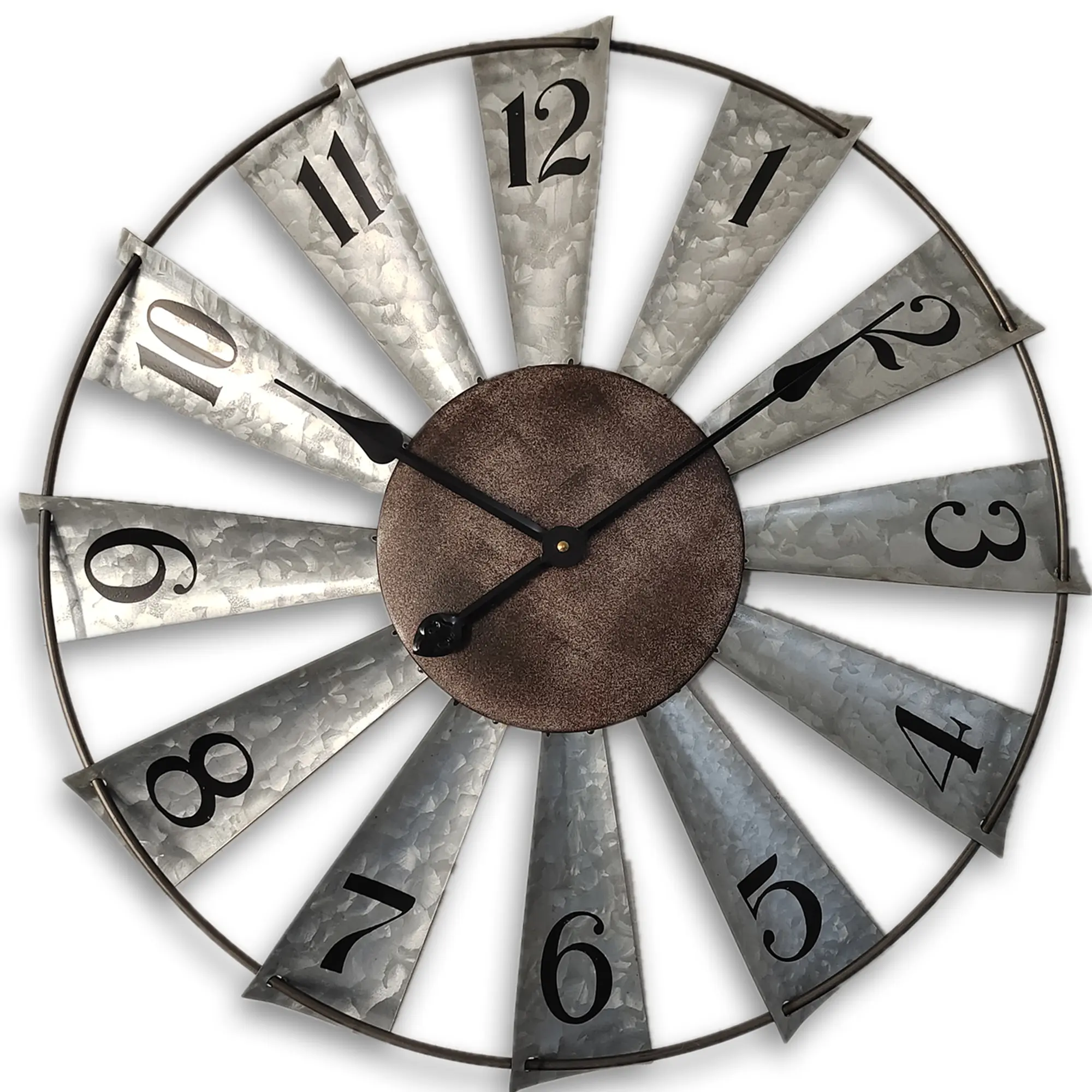 24in Round Non-Ticking Battery-Operated Mechanical Distressed Iron Wall Clock with Hook, Galvanized Finish Windmill Design Rustic Vintage Oversized Wall Decor for Living Room, Ideal for Home Decorating, Room Decor