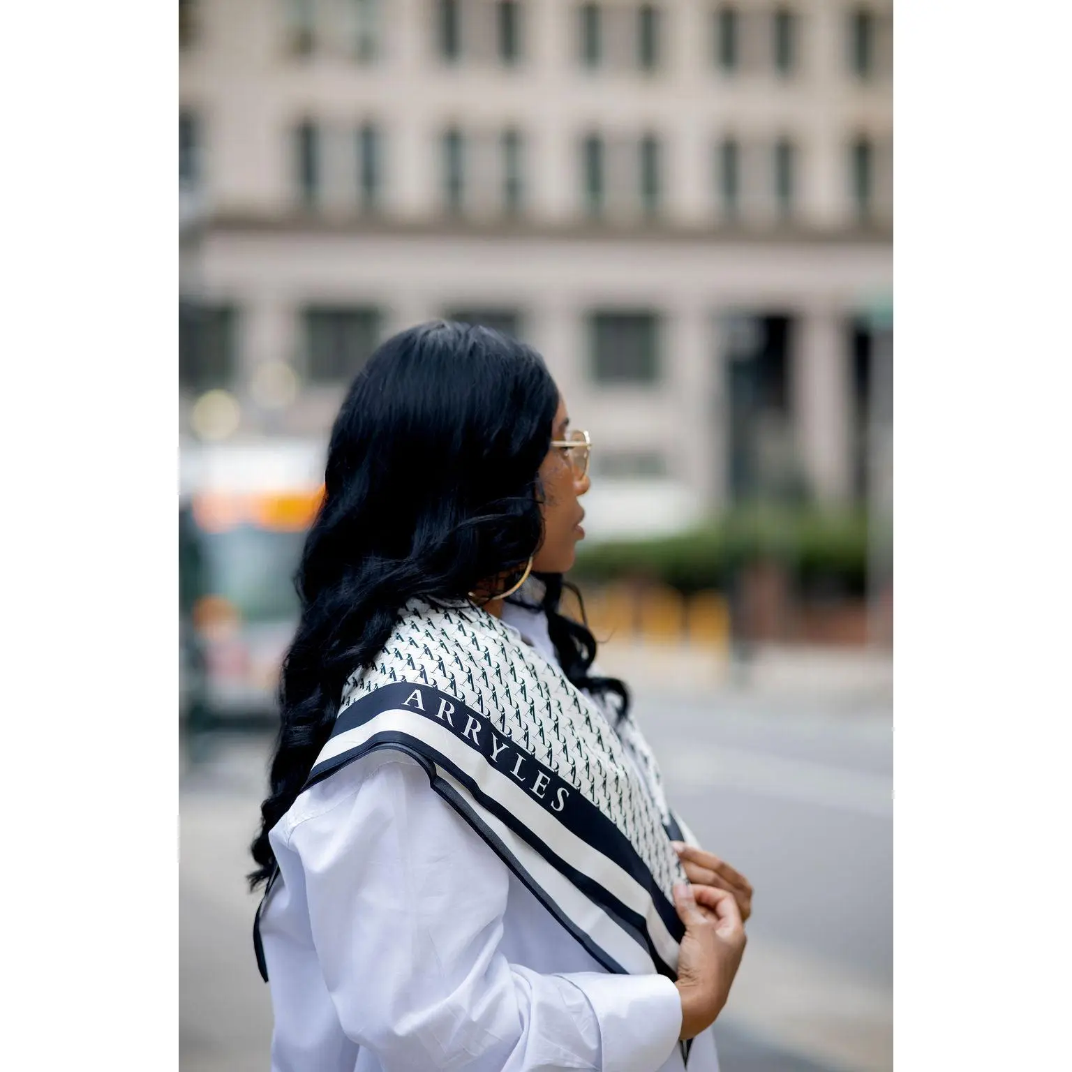AR SIGNATURE SILK SCARF CREAM WITH BLACK MONOGRAM