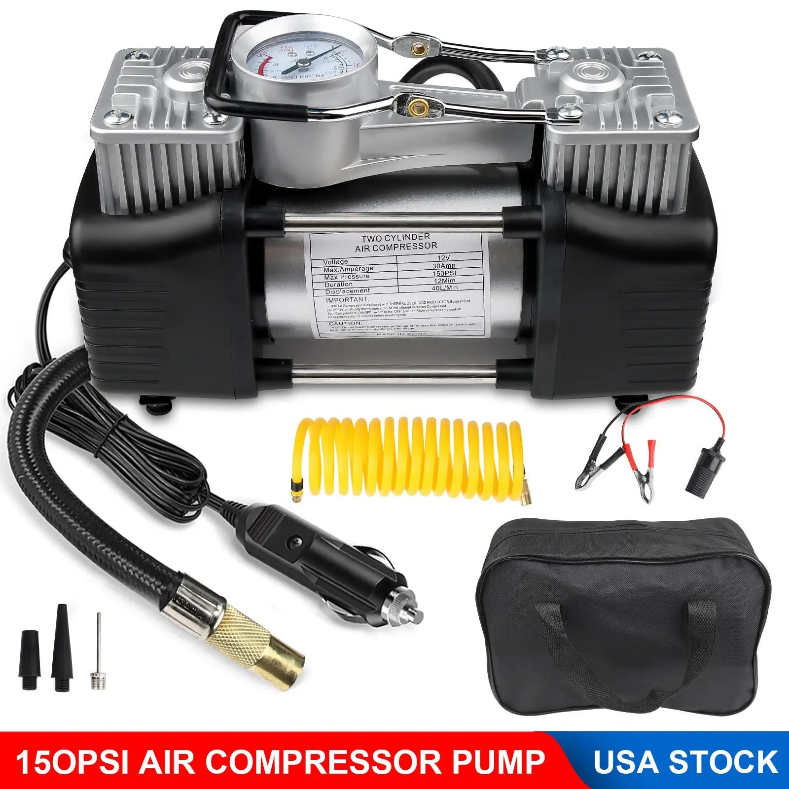 Road Trip Essential Double Cylinder 12V Tire Inflator 150 PSI Portable Air Compressor with LED Flashlight for SUV Truck RV Auto Emergency Kit Off-Road