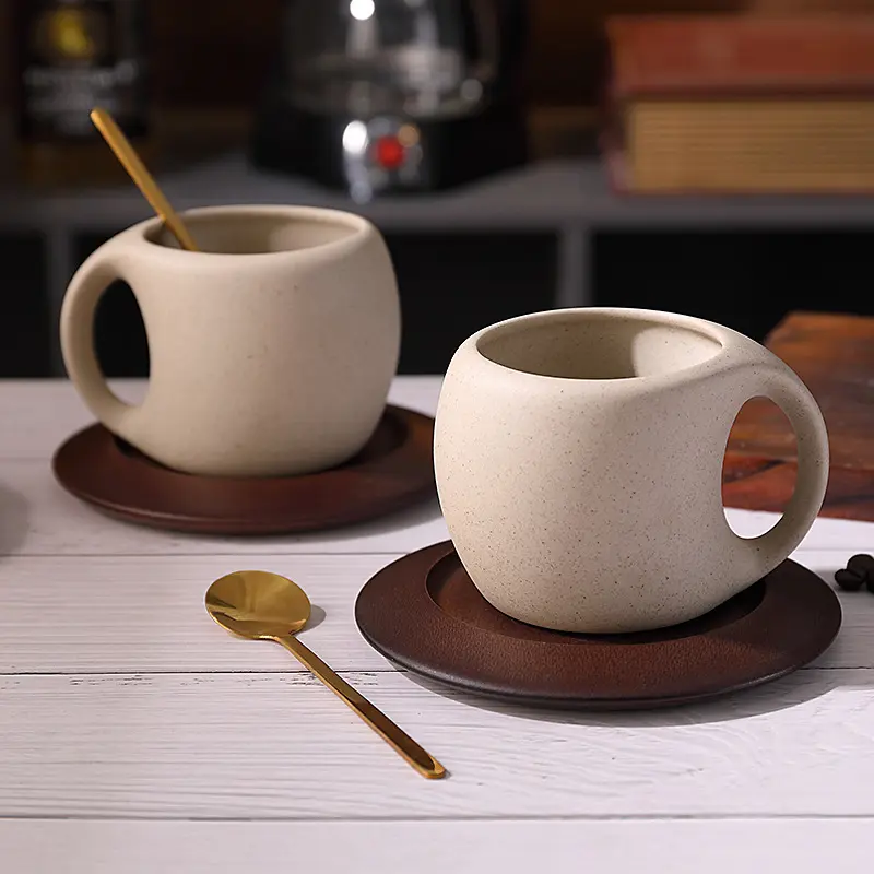 Ceramic coffee cup and saucer set retro latte American coffee cup wooden coaster afternoon tea cup dish spoon flower tea cup