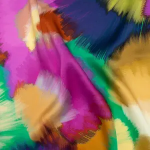 Silk Charmeuse Print 16MM, Made in Italy - Fuchsia, Ochre and Blue Painted Bursts