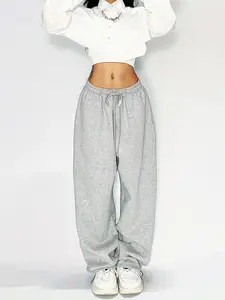 Women's Plain Drawstring Waist Pocket Sweatpants, Casual Streetwear Pants, Casual Pants for Daily Wear, Ladies Bottoms for All Seasons