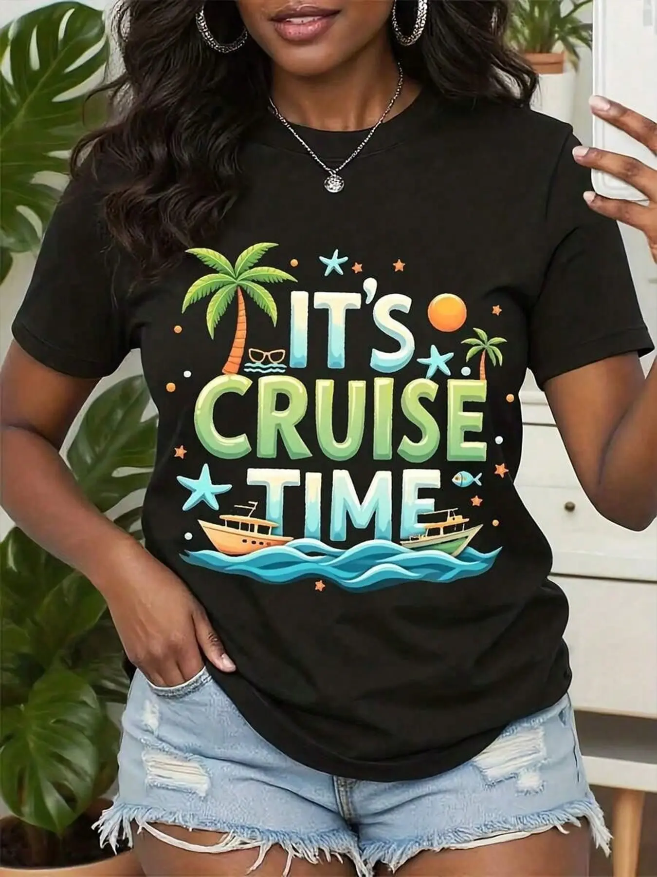 Cruise Ship T-Shirt With It's Cruise Time Tropical Palm Tree And Boat Print Perfect For Vacation, Beach, And Summer Travel Outfits, Women's Fitted Casual Round Neck T-Shirts, Festive Celebration Wear, Festive Graphic Tee, Festive Fashion Lovers