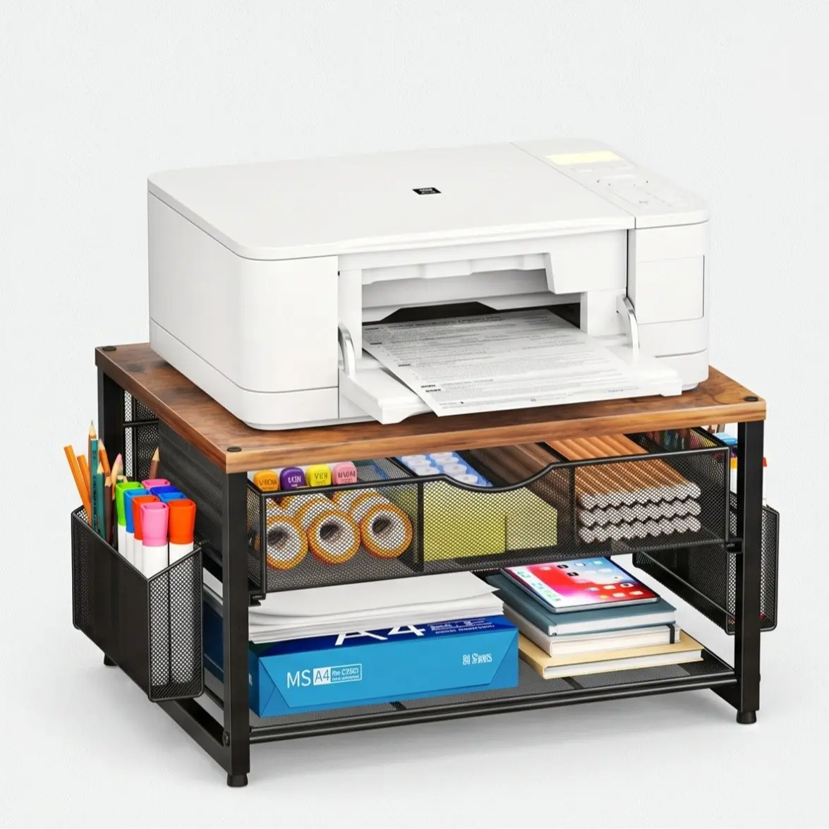 Multifunctional Space-Saving Printer Stand Shelf with Storage - Durable, Stable, Practical Commercial Office Furniture for Fax Machine, 3D Printer, Scanner - Home and Office Use Desktop Organizer