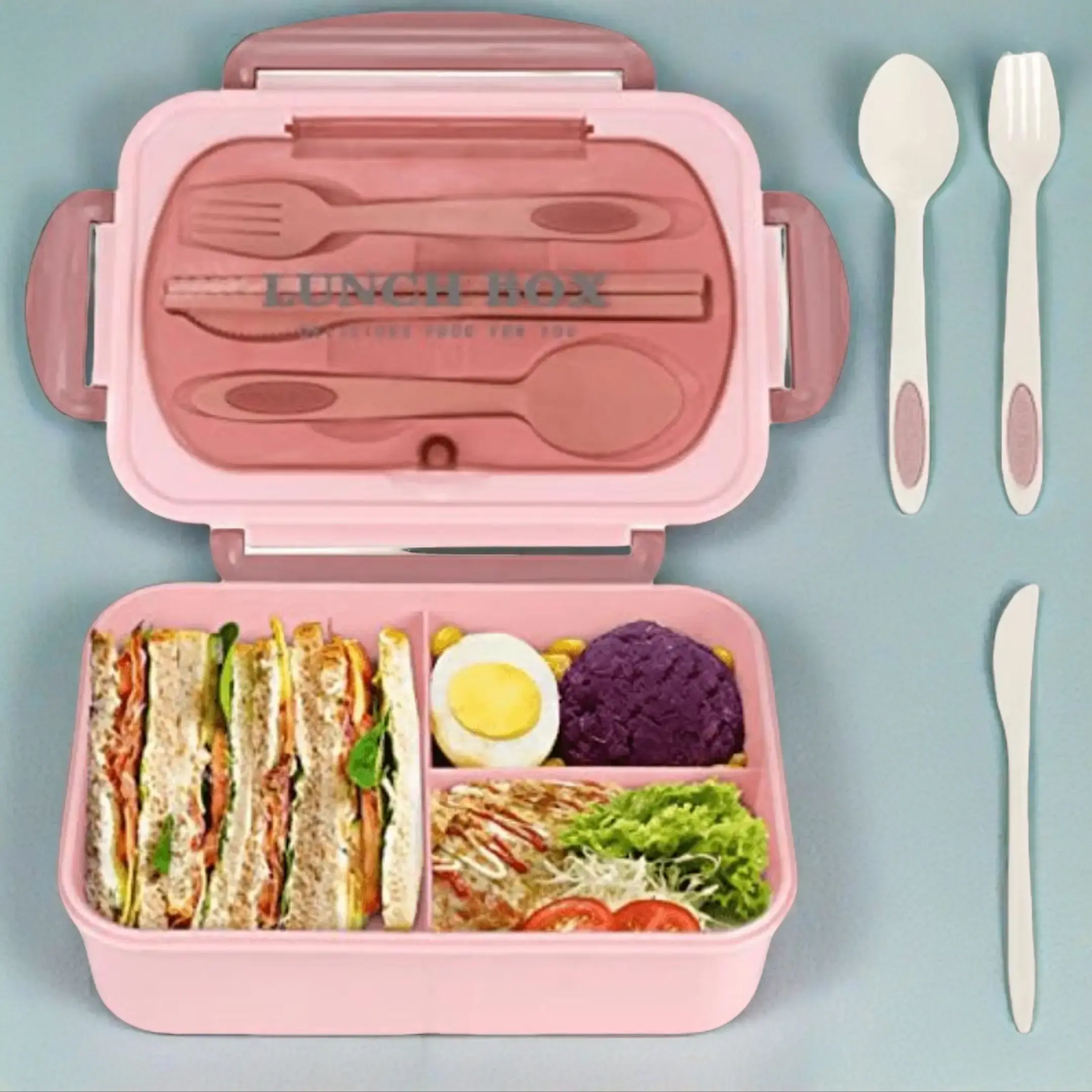 MIUVA Cute 33.81 oz Traditional Square Divided Lunch Box with Fork, Leakproof Microwave-Safe ABS Container with Letters, Kitchen Organizers for Back to School Haul & Packing Needs (Green)