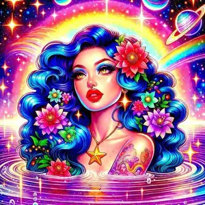 5D DIY Full Drill Round Diamond Painting - Diamond Art Painting Kit, Blue Hair, Flowers, Starry Sky. Mosaic, Canvas - DIY Decorative Painting, Home Wall Decor, Suitable for Halloween and Christmas, Birthday and Anniversary Gifts.