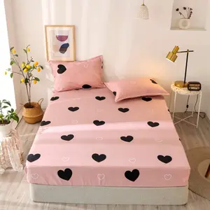 Feelyou Pink Cute Heart Pattern Fitted Sheet Set - Breathable Durable Microfiber Bed Sheets, Girly Cartoon Love Geometric Bedding, Pink Black Modern Bedroom Decor Bed Cover, Bed Sheets Set,summervibes