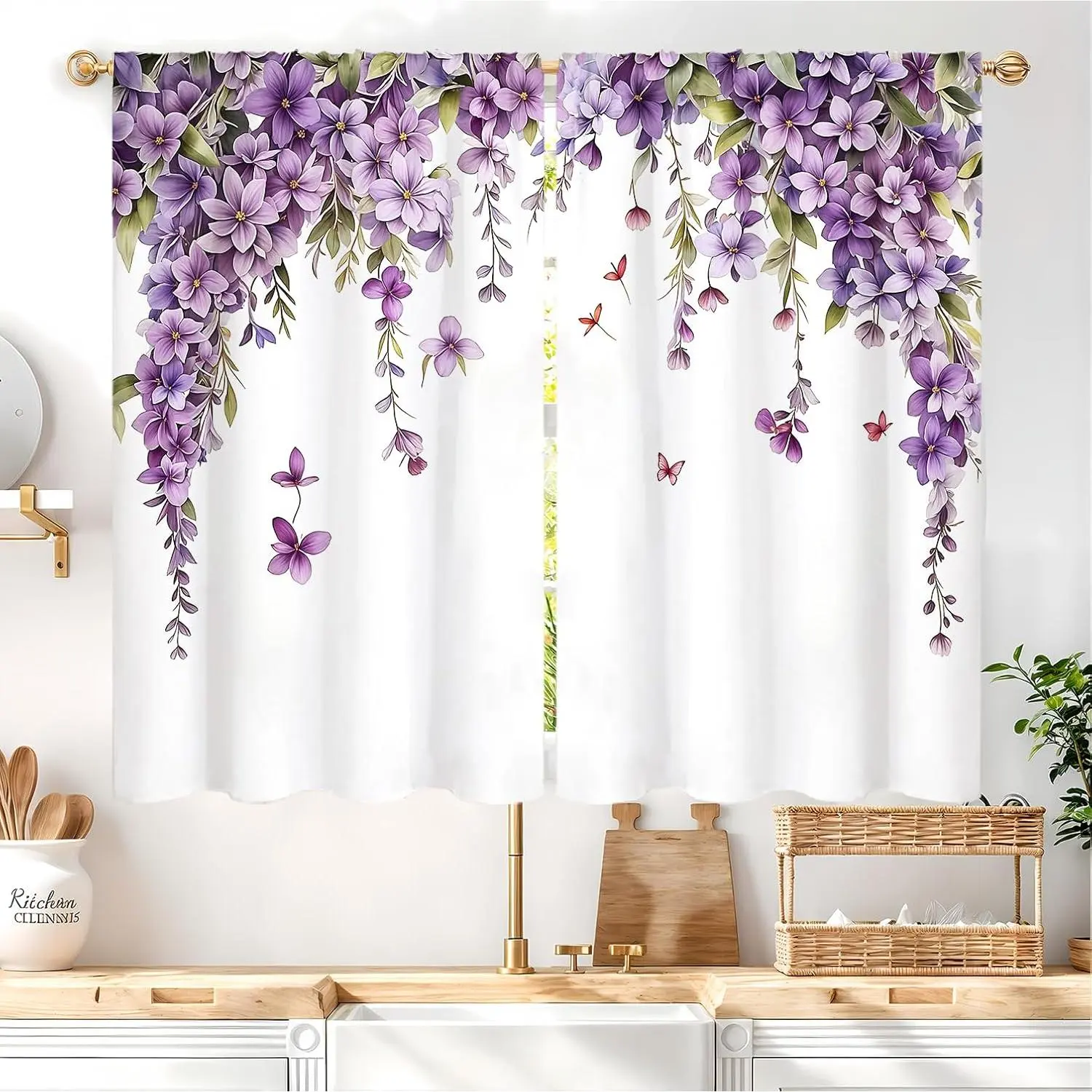 Ethereal Elegance Purple Floral Butterflies Rod Pocket Curtains, 2 Panels (27.5x39 in), Fade Resistant, Machine Washable, Quick-Drying, Cool Iron Small Short Cafe Tiers for Kitchen-Bathroom Spring Decor (Lilac Flowers & Leaves)