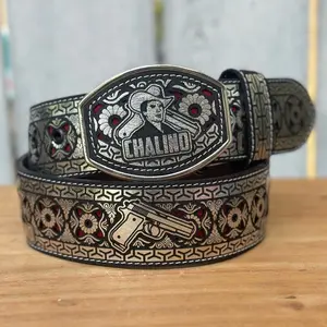 Silver “Chalino” Mexican Laser Cut Leather Belt with Metal Buckle
