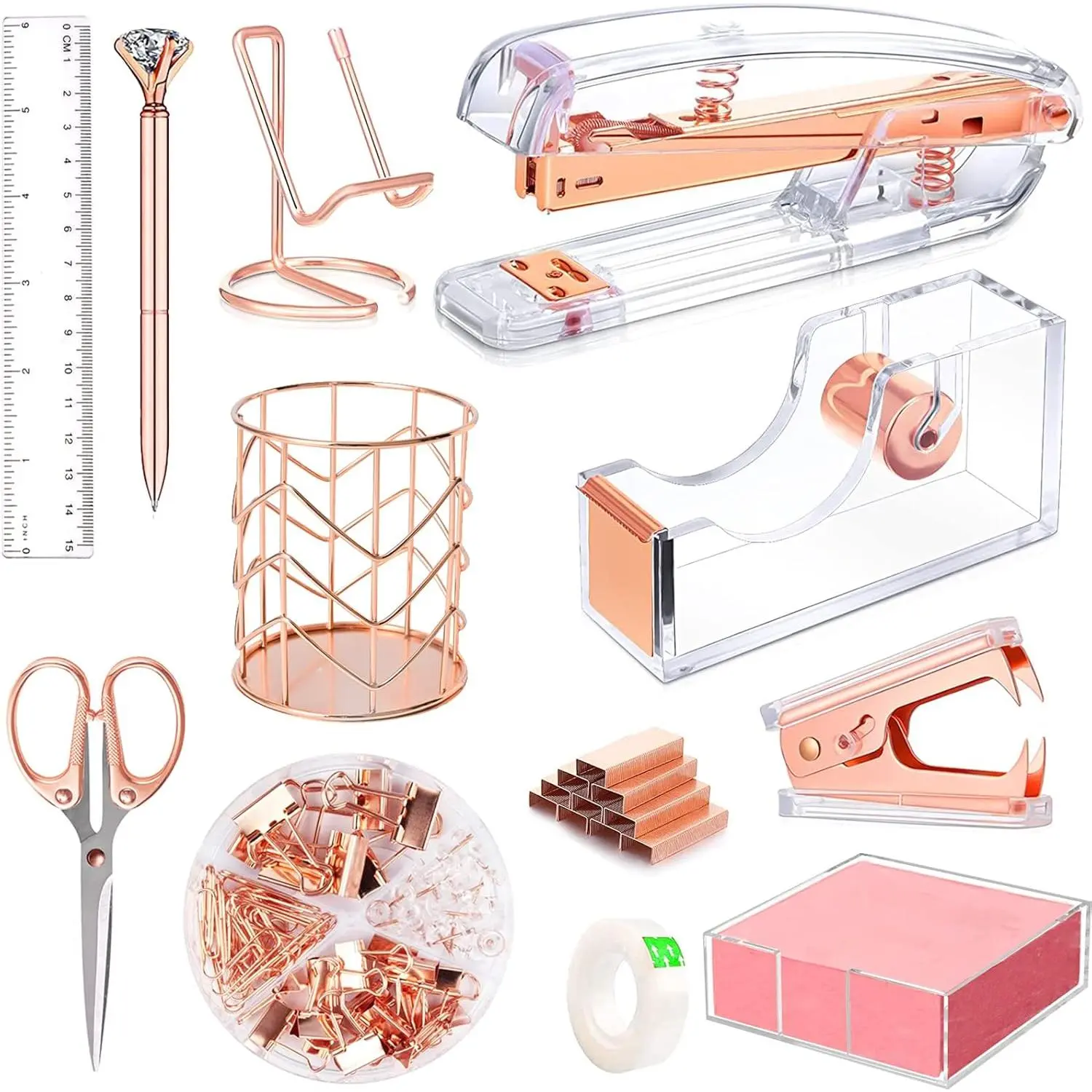 Rose Gold Acrylic Office Stationery Standard Set - Desk Organizer Kit, Includes Stapler, Staple Remover, Tape Holder, Ballpoint Pen, Scissors, Binder Clips, Staples, Phone Holder, Ruler, Transparent Glue, 300 Notes, Organizes Desk