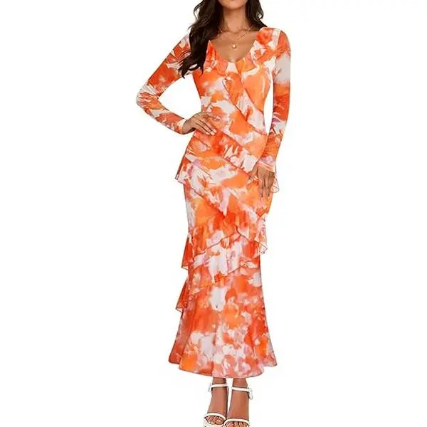 ZESICA Women's Fall Floral Long Sleeve Maxi Dress 2026 Boho Bodycon V Neck Ruffle Wedding Party Long Dresses