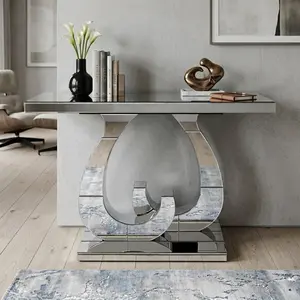 Modern mirror side table glass sofa table with mirror effect entrance table double C-shaped base, rectangular decoration hall table suitable for living room corridor entrance (silver),summerwins