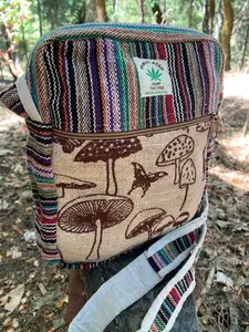 Hemp Shoulder Bag Purse, Mushrooms Print, Handmade from the Nepal Himalayas, Organic Vegan materials, Unique Design, Travel Gift, Sling bag