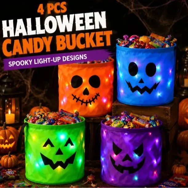 3/4/5 Pcs Halloween Candy Bucket with LED Lights Non Woven Gift Bags Trick or Treat Bags Pumpkin Candy Bags Reusable Tote Bags for Kids Students Adults, Night Light Bags for Home Garden Lawn Decorations, Halloween Birthday Christmas Party Favor Supplies