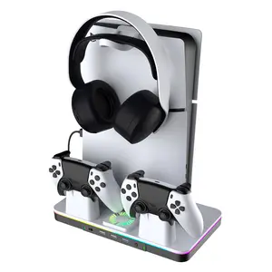FanCtrl PS5 Series Stand and Cooling Station - 3-Level Cooler Fan, LED Controller Charging Dock, Headsets, Black and White with Earphone Hook, Console Skin Gaming Accessories Kit for PS5 Slim/Pro, Adaptive Trigger Compatible