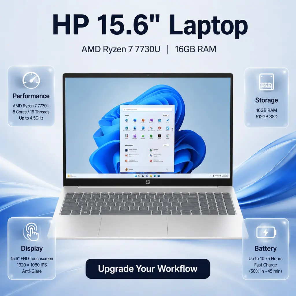 HP 15.6-in FHD IPS Touch Screen Laptop Computer - AMD Ryzen 7 7730U, 16GB RAM, 512GB SSD, Windows 11 Pro, Natural Silver, Built-in Camera, Bluetooth, Enhanced Features and Security, Business Home Office Use, Multitasking