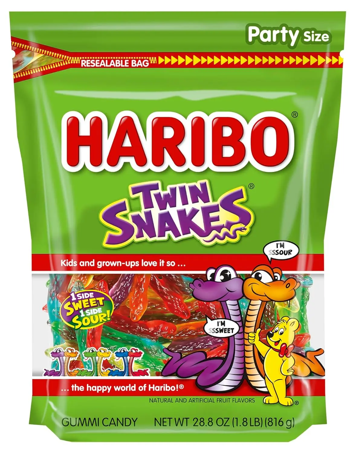 Party Sharing Pack HARIBO Twin Snakes Sweet & Sour Gummy Candy, 28.8 oz. Resealable Bag | Sweet and sour twin gummy snakes in cherry, orange, apple, lemon, blueberry, and blackcurrant. Pull apart or eat whole