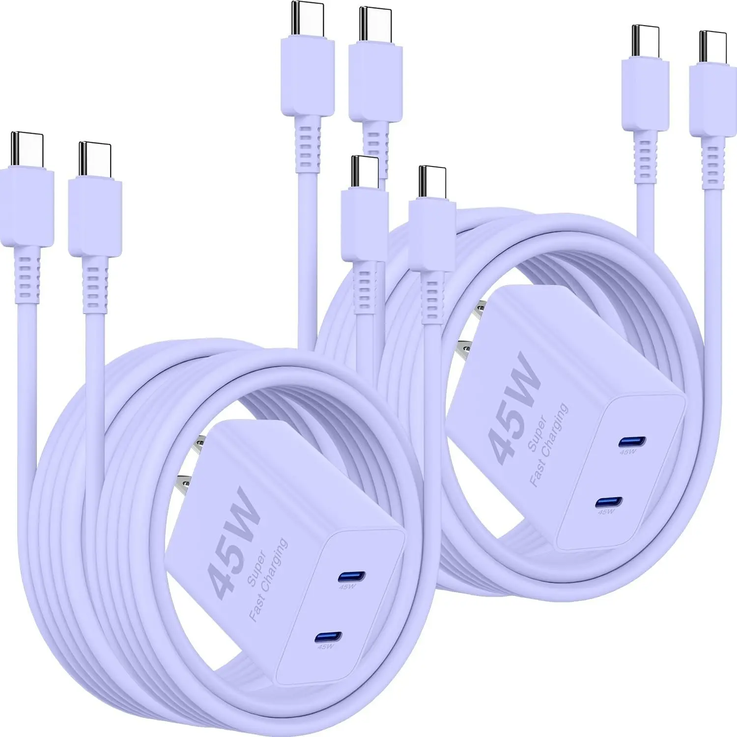 Purple 45W Dual Port USB C Fast Charger 2-Pack, Includes 4 x 10FT USB-C to USB-C Cables, Fast Charging Block for iPhone 17 Pro Max/17 Air/16e/16/15, Samsung Galaxy & iPad