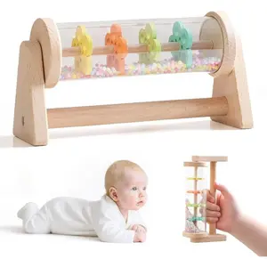 Rain Stick Toy with Stand - Sensory Sound Training Tool for Kids, Tummy Time Musical Instrument for Infant Development | Rainmaker with Wooden Base, Clear Tube, Colored Flower Discs and Beads