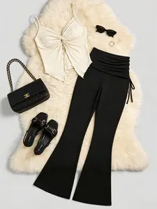 Women's Knot Front Short Sleeve Top + Pleated High Waist Bell Bottom Pants Set, Casual Fashion, Spring & Fall Wear